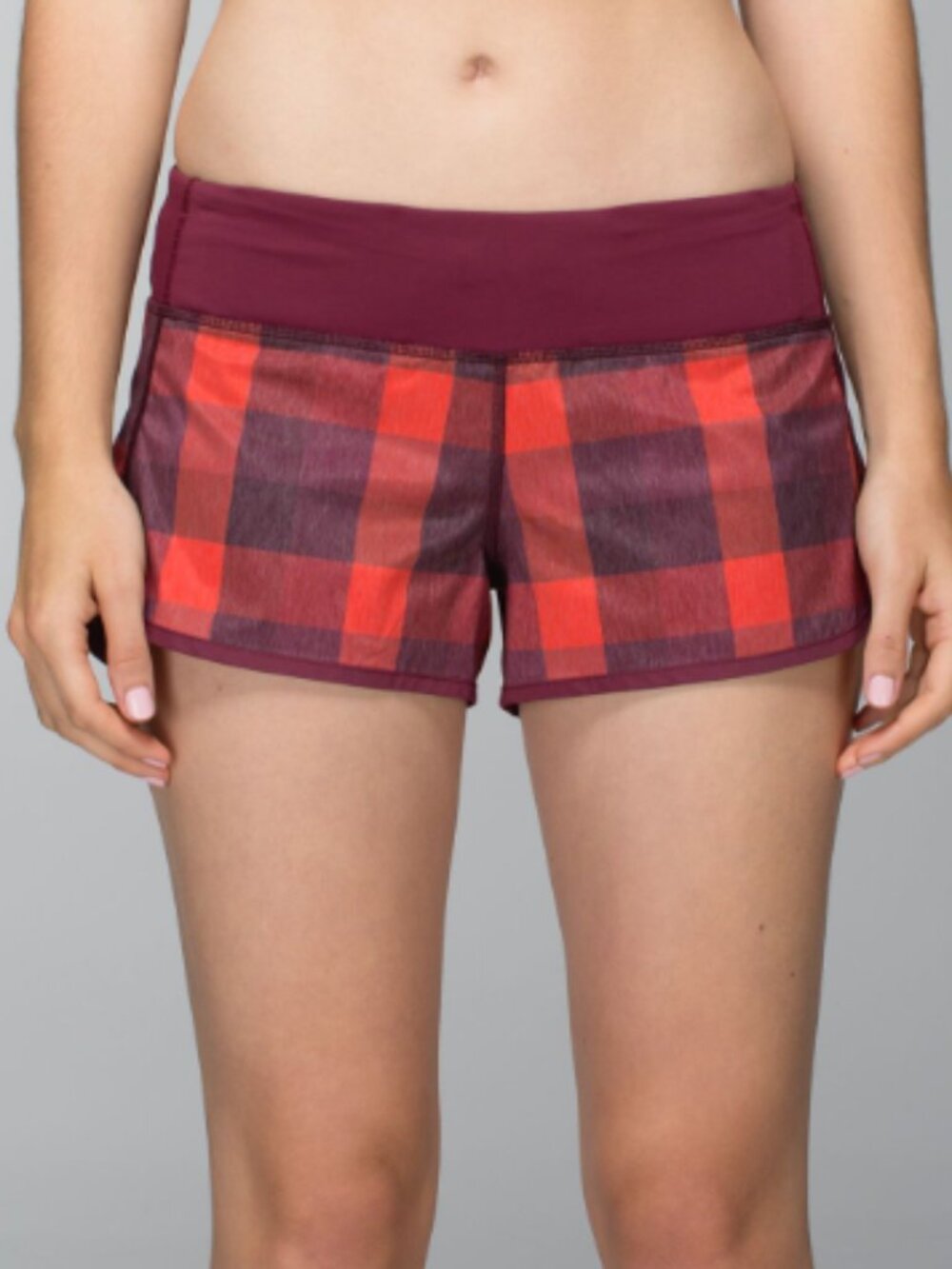 Lululemon Run Speed Shorts | Yama Check Heathered Flaming Tomato / Rust Berry